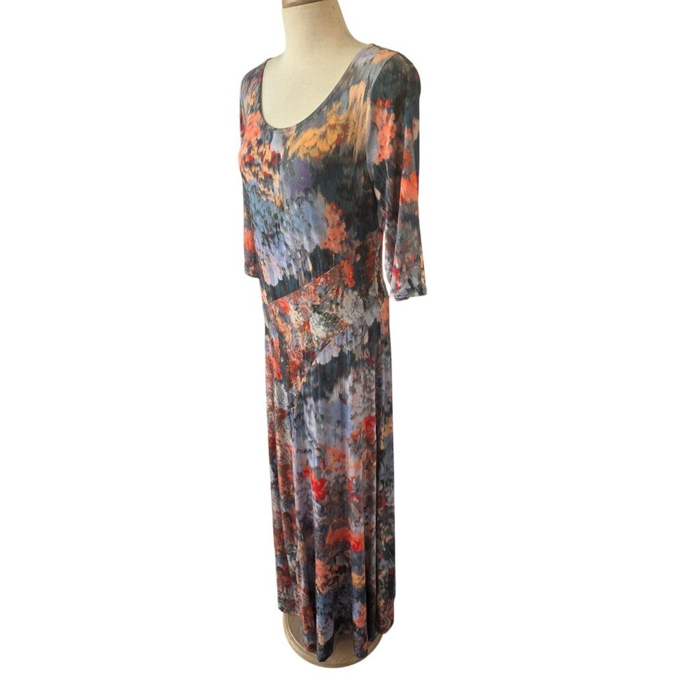 Soft Surroundings Blue Multicolor Floral Stretchy Knit Maxi Dress Sz M 3/4 Slv